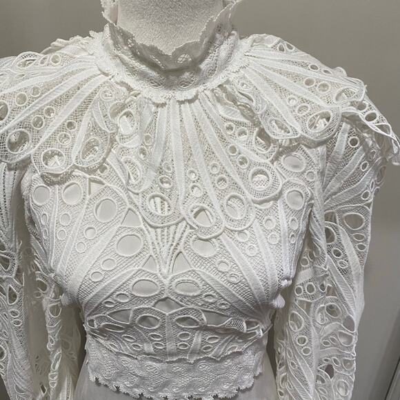 ASOS LUXE Backless Eyelet Ruffle Neck Top Sizes 0 and 4  White Lace Long Sleeve - Picture 4 of 13